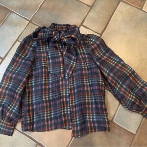 Plaid Button-Up Blouse with Bow